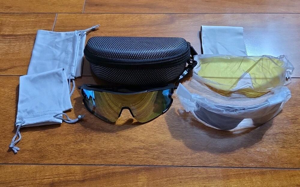 Multi Lens Wrap Around Sports Sunglasses Kit Cycling Baseball Black Frame Case